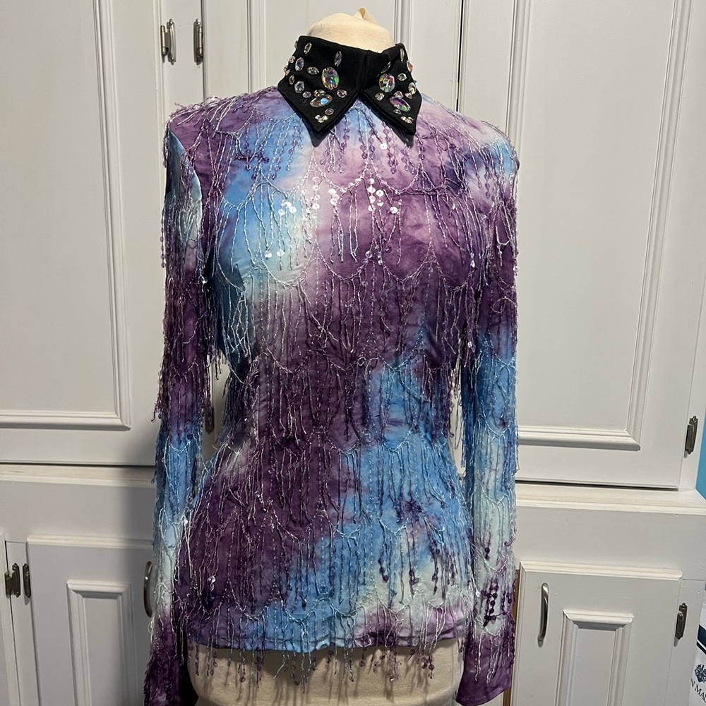 Western showmanship jacket purple, white, and Blue with black collar and cuffs.